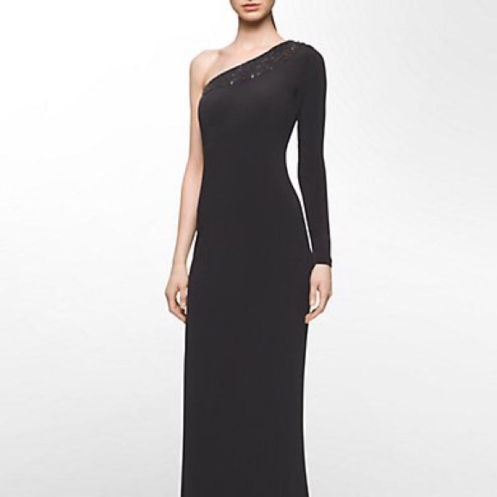 One shoulder black formal w black crystal accent